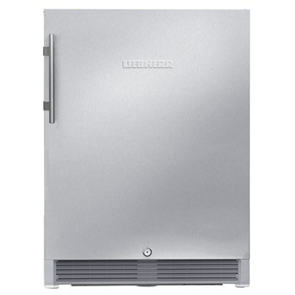 Stainless steel freestanding outdoor cooler with a sleek design, featuring a silver finish, a prominent Liebherr logo, and a vertical handle.