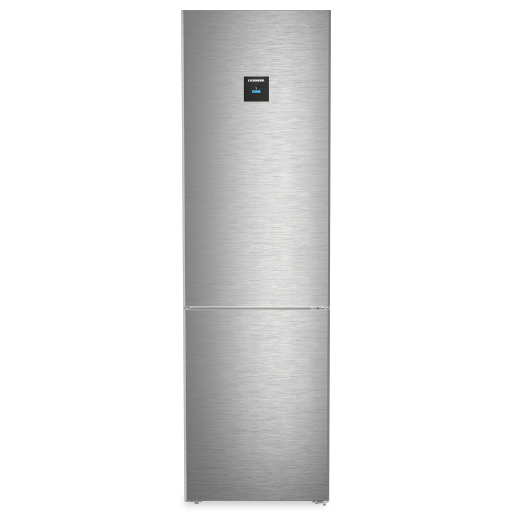 Sleek stainless steel Liebherr CBNSTD578I refrigerator with a digital display, featuring BioFresh, Hydrobreeze, NoFrost, VarioTemp, and SoftSystem doors.