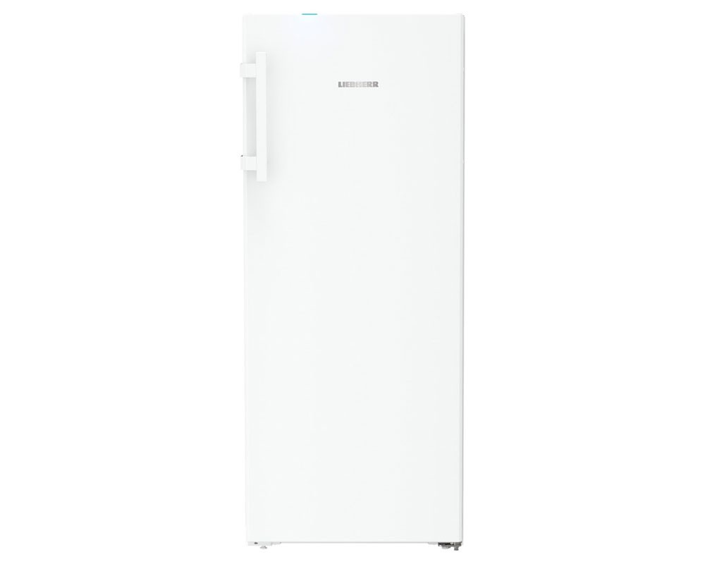 Tall white freezer with a sleek design, featuring a single handle, frost-free technology, and a modern Liebherr logo on the front.