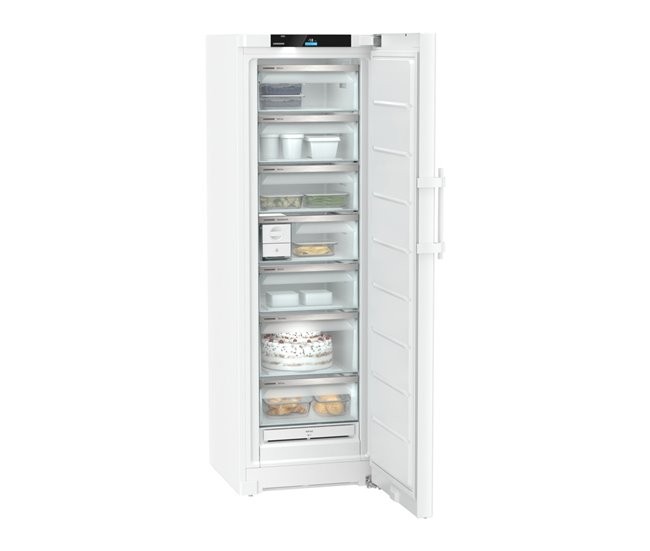 Tall, freestanding white freezer with a No Frost feature, featuring multiple transparent drawers and shelves for organized storage, and a digital control panel at the top.