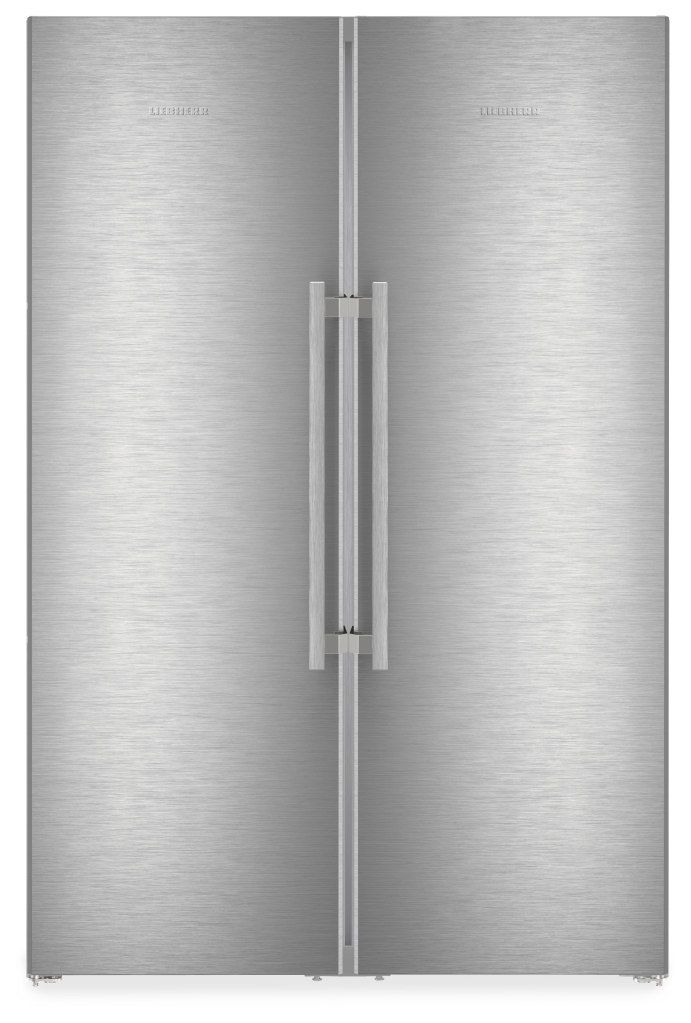 Stainless steel Liebherr XRFST5295 American fridge freezer featuring a sleek design, double doors, and a central vertical handle, with an integrated ice maker.