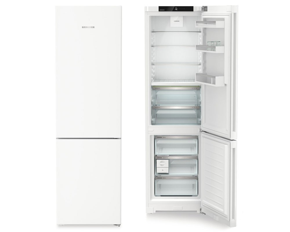 White Liebherr CBNA 572I Plus fridge freezer with a sleek design, featuring a Bio Fresh compartment, No Frost technology, and spacious interior shelves and drawers.