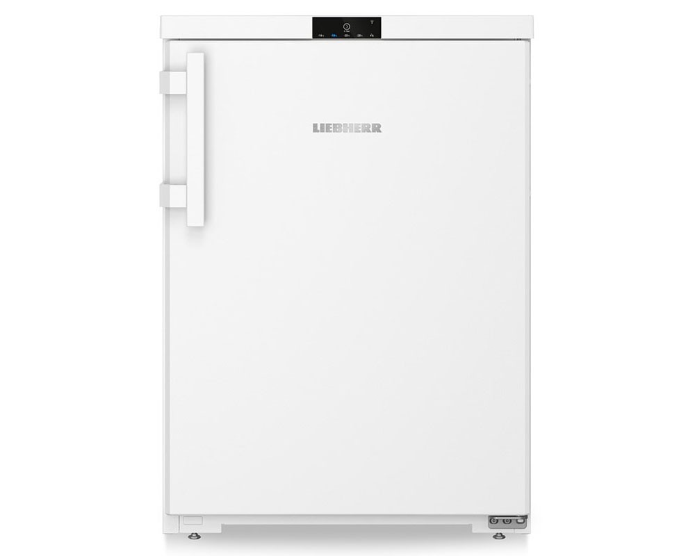 White Liebherr FCI1624 Plus under counter freezer with a sleek design, featuring a handle, digital control panel, and Smart Frost technology for efficient freezing.