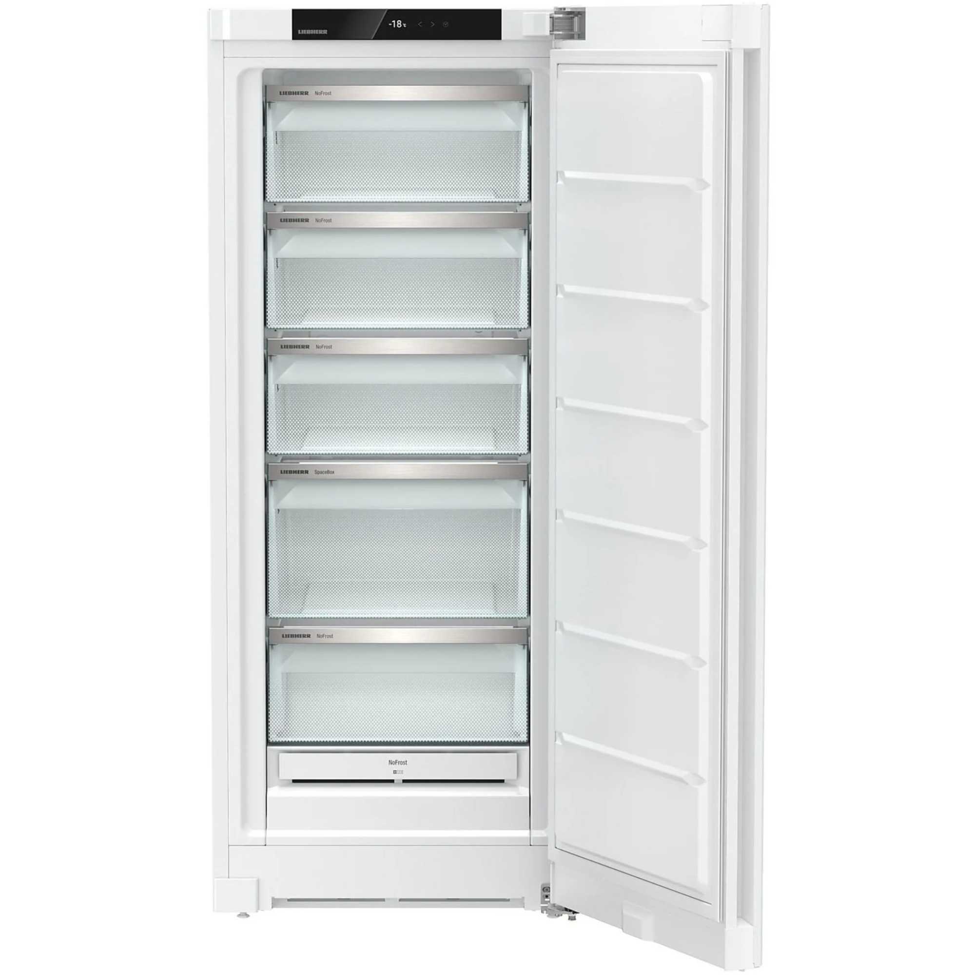 Tall upright freestanding freezer in white with five transparent drawers, a sleek design, and a digital display panel on the top.