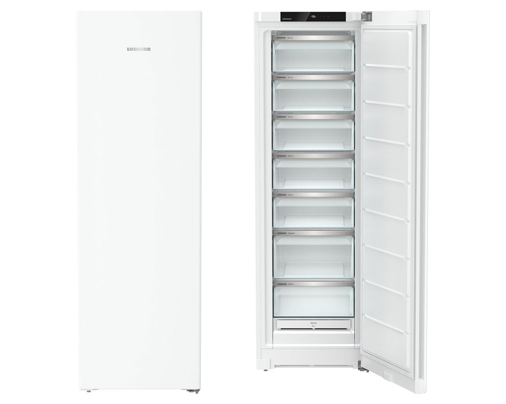 White upright tall freezer with a sleek design, featuring a digital control panel, seven transparent drawers, and a spacious interior for optimal storage.