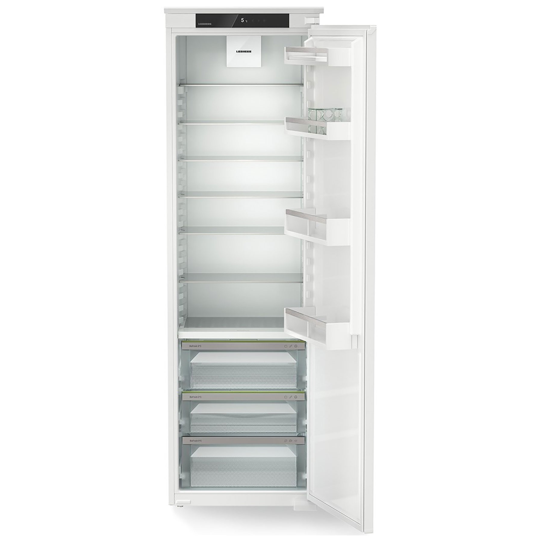 Sleek white fully integrated larder fridge with a glass front, featuring multiple adjustable shelves, transparent drawers, and a digital control panel at the top.