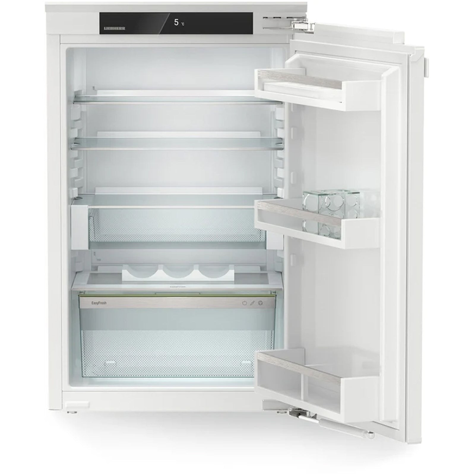 Fully integrated white larder fridge with a sleek design, featuring multiple adjustable shelves, transparent drawers, and an Easy Fresh compartment for optimal food storage.