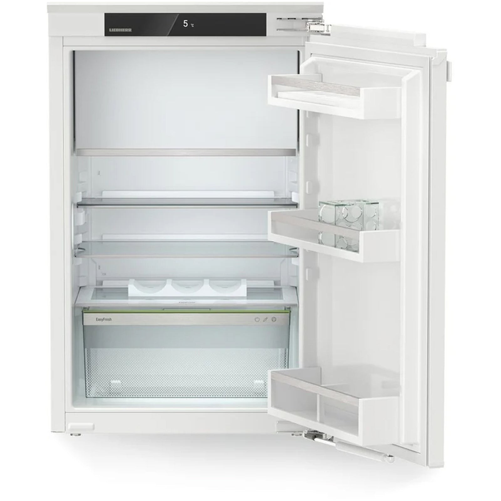 Integrated white Liebherr fridge with an icebox, featuring glass shelves, a transparent EasyFresh drawer, and a sleek, modern design with a digital control panel.