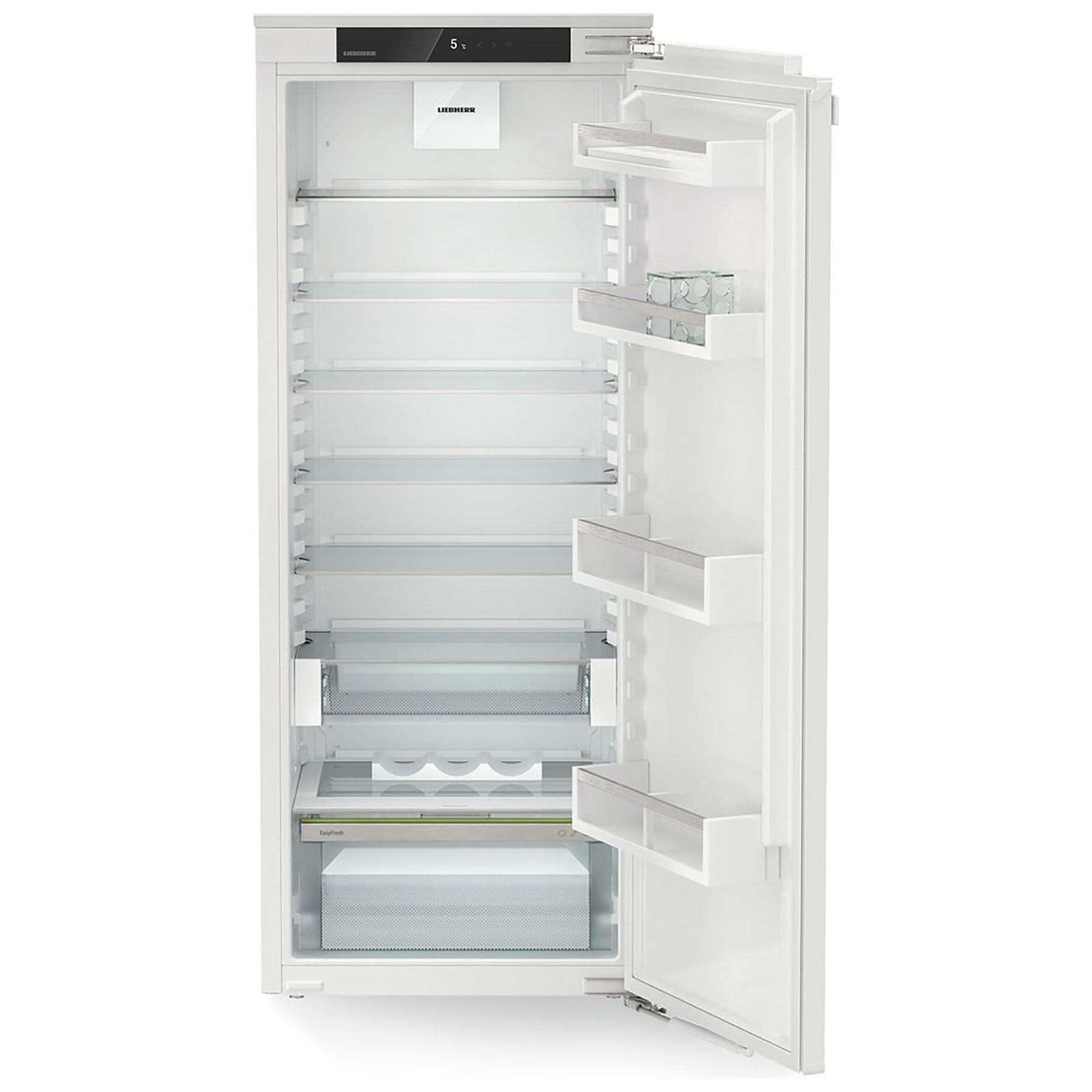 Fully integrated white Liebherr larder fridge with a sleek design, featuring multiple glass shelves, transparent drawers, and EasyFresh technology for optimal food storage.