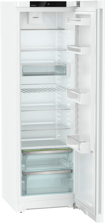 Freestanding white larder fridge with a 399-litre capacity, featuring adjustable glass shelves, transparent drawers, and a digital control panel at the top.