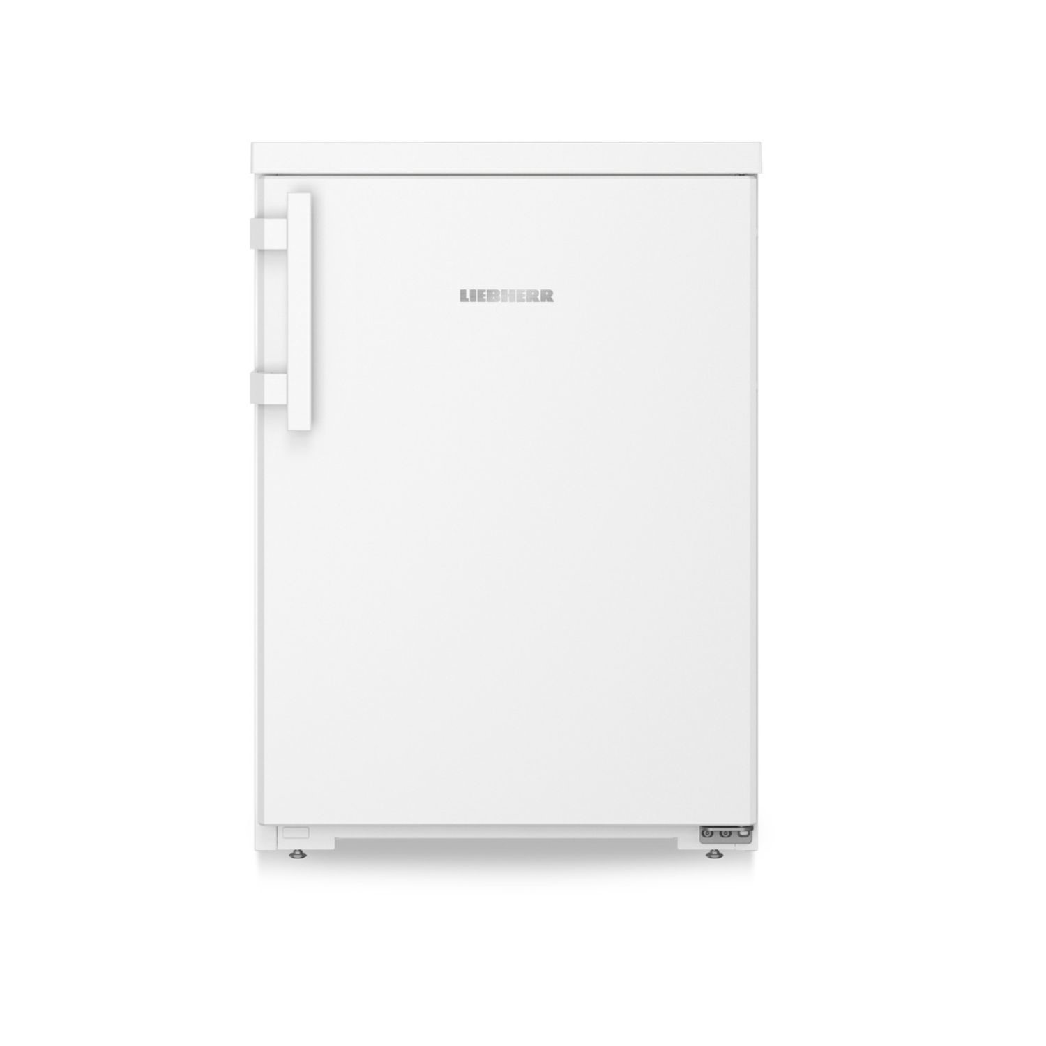 White freestanding under-counter fridge with a sleek design, featuring a single door, a stainless steel handle, and an integrated icebox, measuring 60cm and offering 125L capacity.