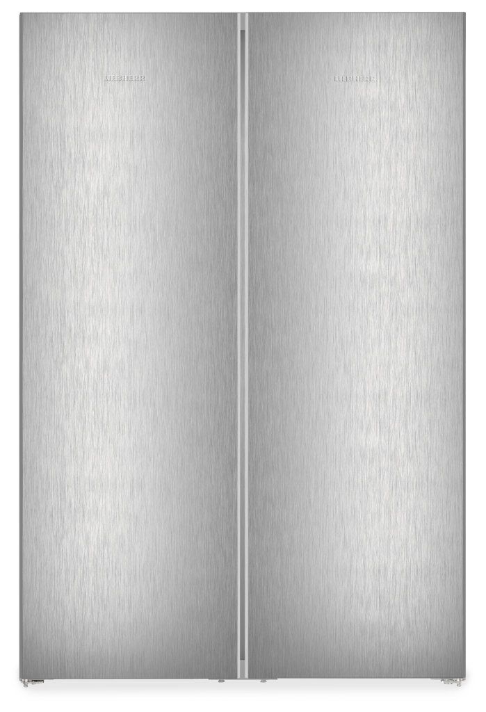 Silver frost-free Liebherr XRFSF5220 American fridge freezer featuring a sleek stainless steel finish and minimalist design with vertical handles.