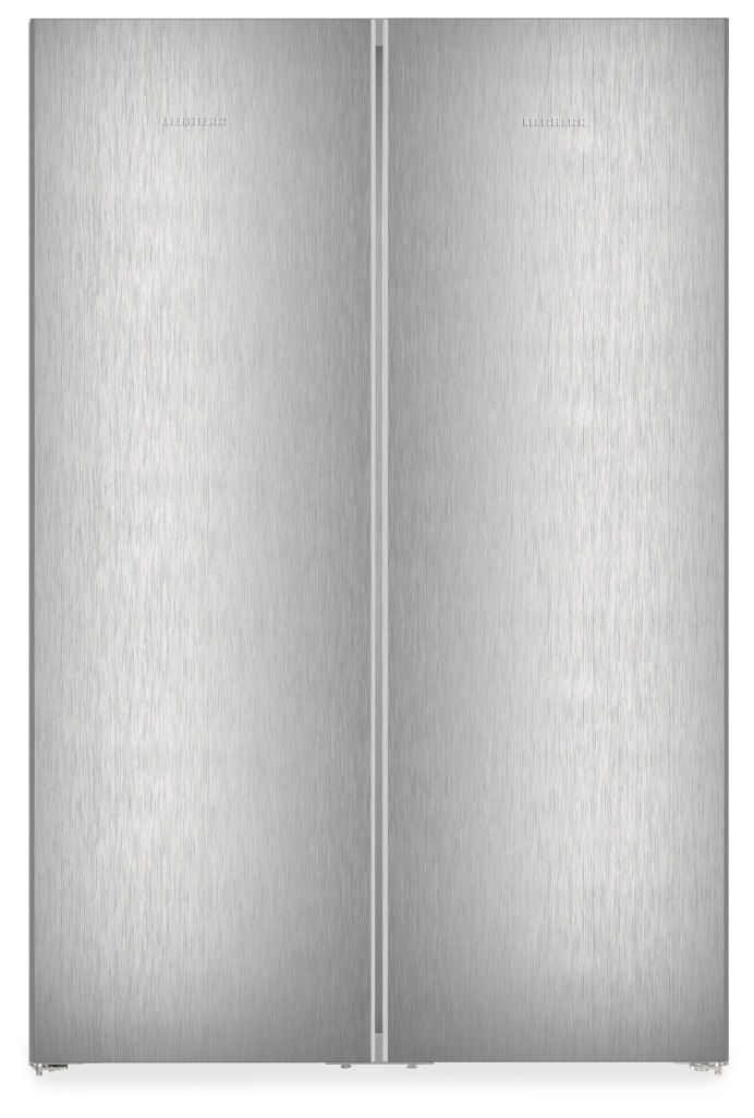 Silver Liebherr XRFSF5240 American fridge freezer with a sleek stainless steel finish, featuring double doors and a built-in ice maker, designed for modern kitchens.
