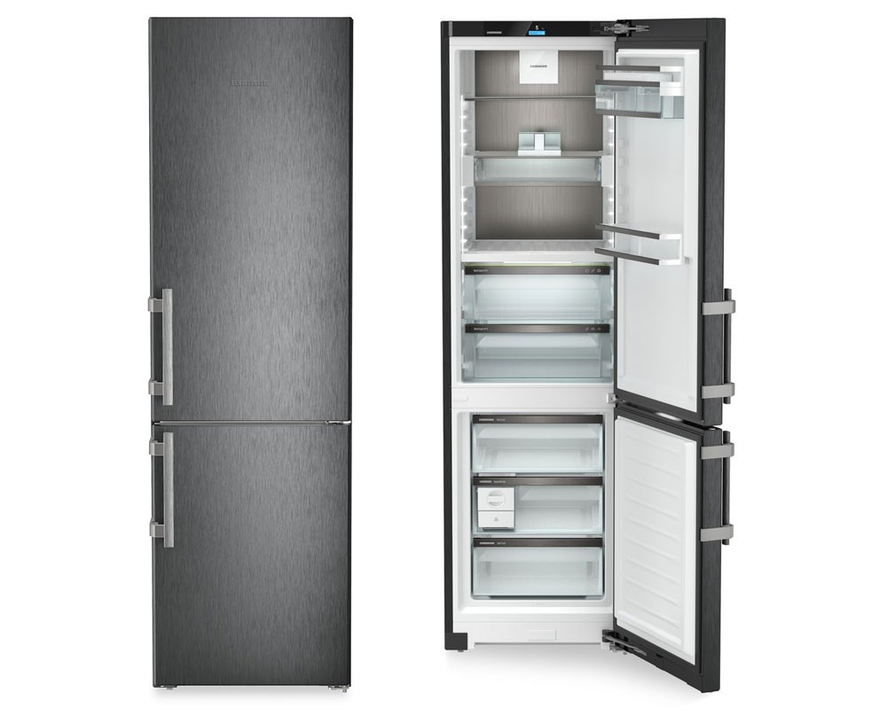 Liebherr 202cm high frost-free fridge freezer in black stainless steel, featuring a spacious interior with adjustable shelves and a sleek, modern design.