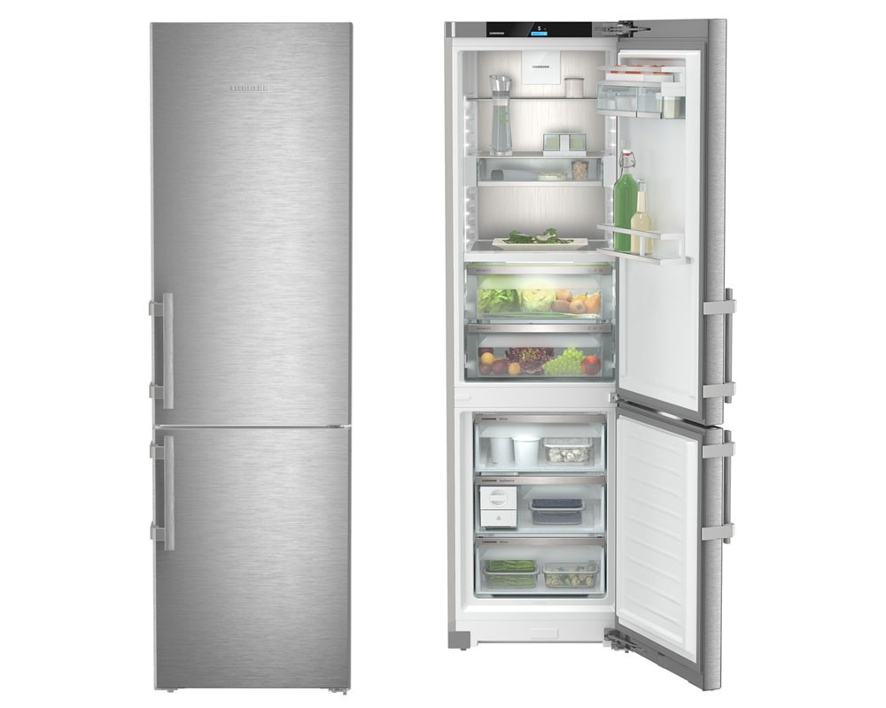 Stainless steel Liebherr Prime CBNSDA575I fridge freezer with a sleek design, featuring Bio Fresh technology, No Frost capability, and spacious interior with clear storage compartments.