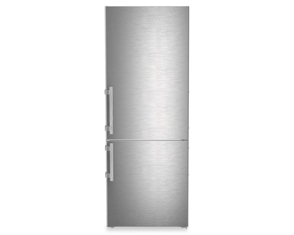 Stainless steel, 202cm high Liebherr CNSDD776I fridge freezer with a frost-free design, featuring a sleek brushed finish and double doors.