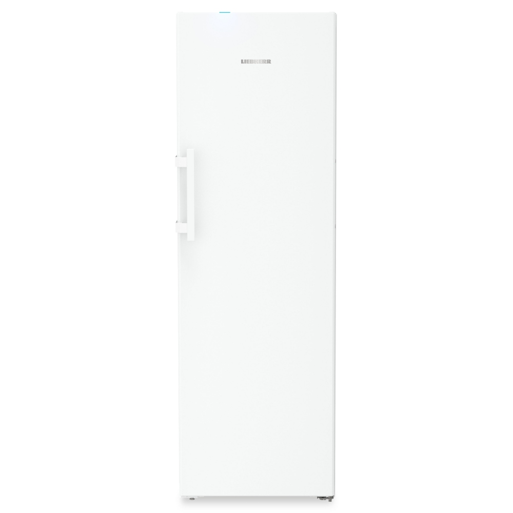 Tall white freezer with a sleek, modern design, featuring a single handle and frost-free technology, measuring 186cm high and 60cm wide.