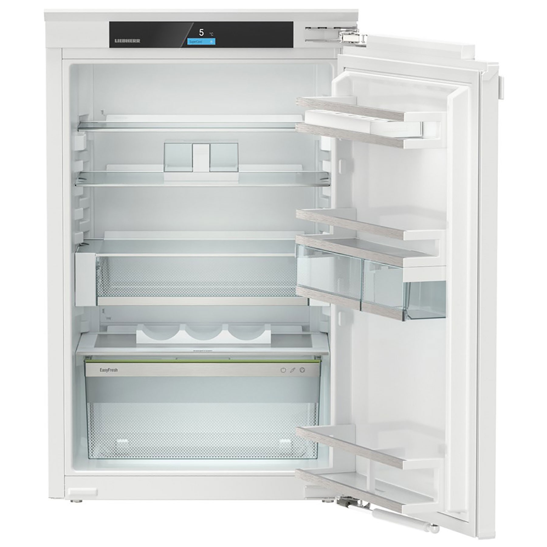 High integrated undercounter fridge with a sleek white exterior, featuring adjustable glass shelves, a transparent crisper drawer, and a digital temperature display.