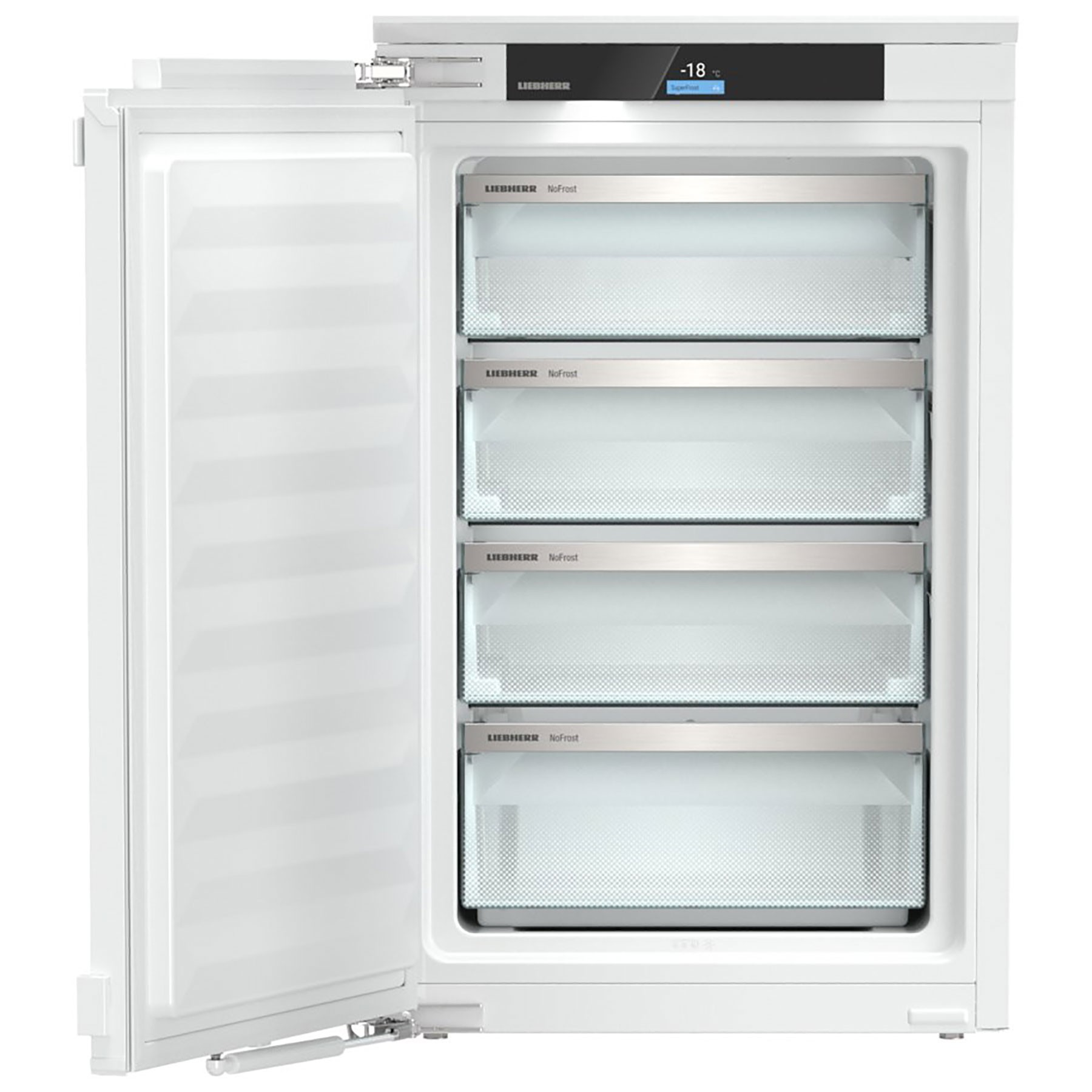 Fully integrated upright freezer with a sleek white exterior, featuring four transparent drawers, a digital display, and frost-free technology for easy maintenance.