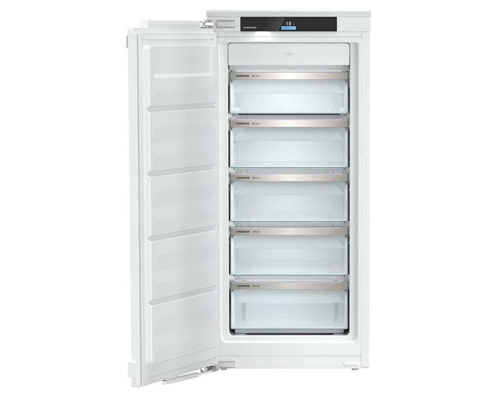White, fully integrated upright freezer with five transparent drawers, digital temperature display, and sleek design, measuring 122cm tall and 129L capacity.
