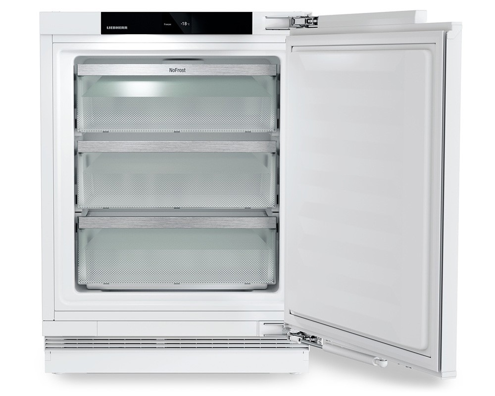 Fully integrated white upright freezer with a sleek design, featuring three transparent shelves, NoFrost technology, and a digital control panel on top.