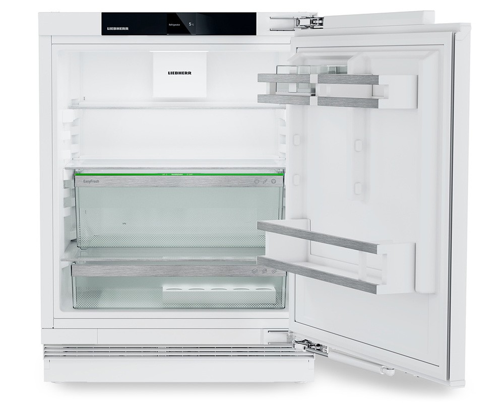 Fully integrated under counter larder fridge in white, featuring glass shelves, LED lighting, and a sleek design with a digital control panel on the door.