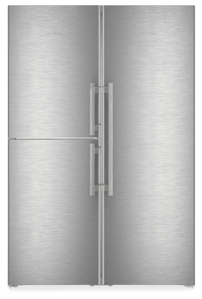 Stainless steel Liebherr XRCSD5255 American fridge freezer featuring a sleek design, double doors, and a prominent vertical handle.