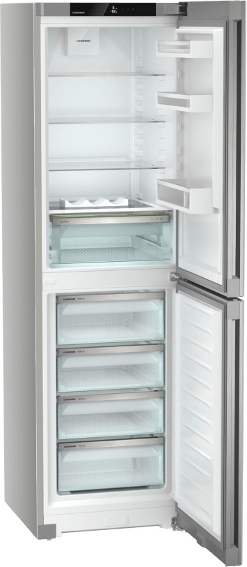 Liebherr Plus CNSFD5704 Pure NoFrost combined fridge-freezer in silver, featuring transparent glass shelves, EasyFresh drawers, and a sleek, modern design.