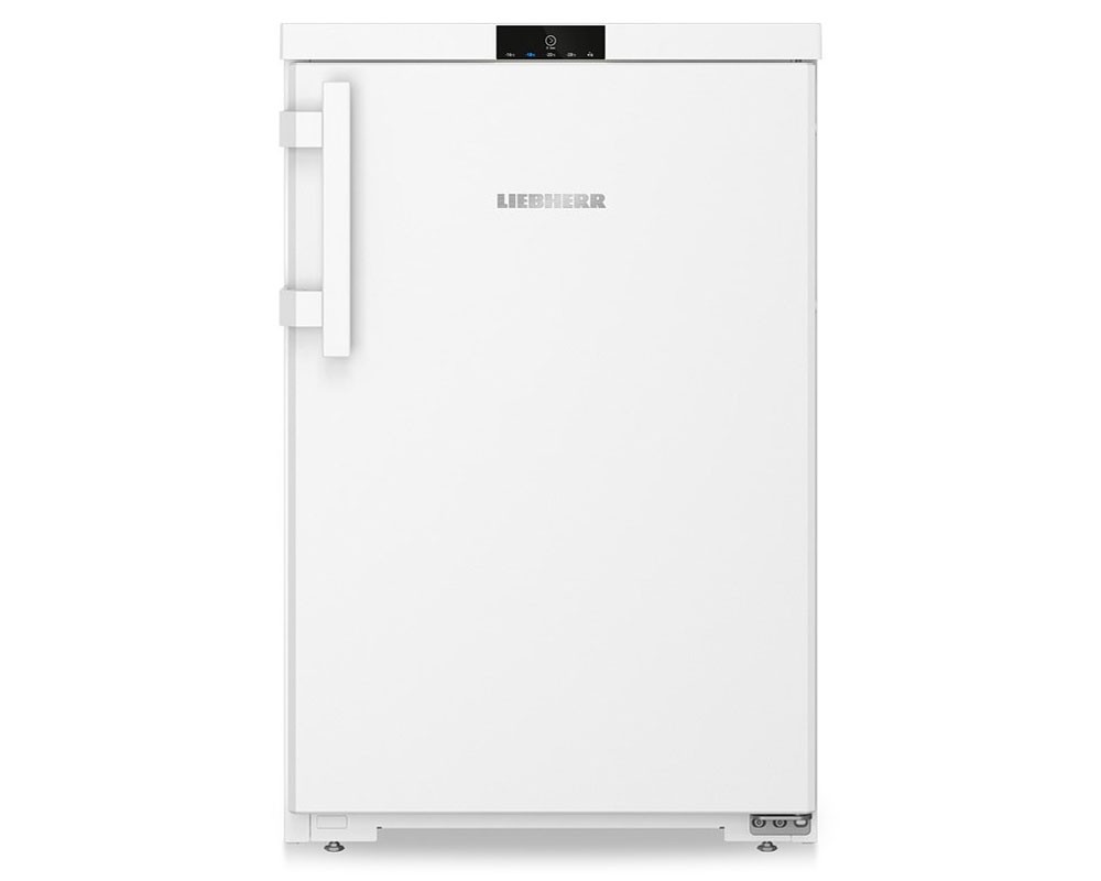 Freestanding Liebherr Pure FC1404 freezer in frost white, featuring a sleek design, a digital control panel, and a stainless steel handle, measuring 55cm wide with a capacity of 107L.