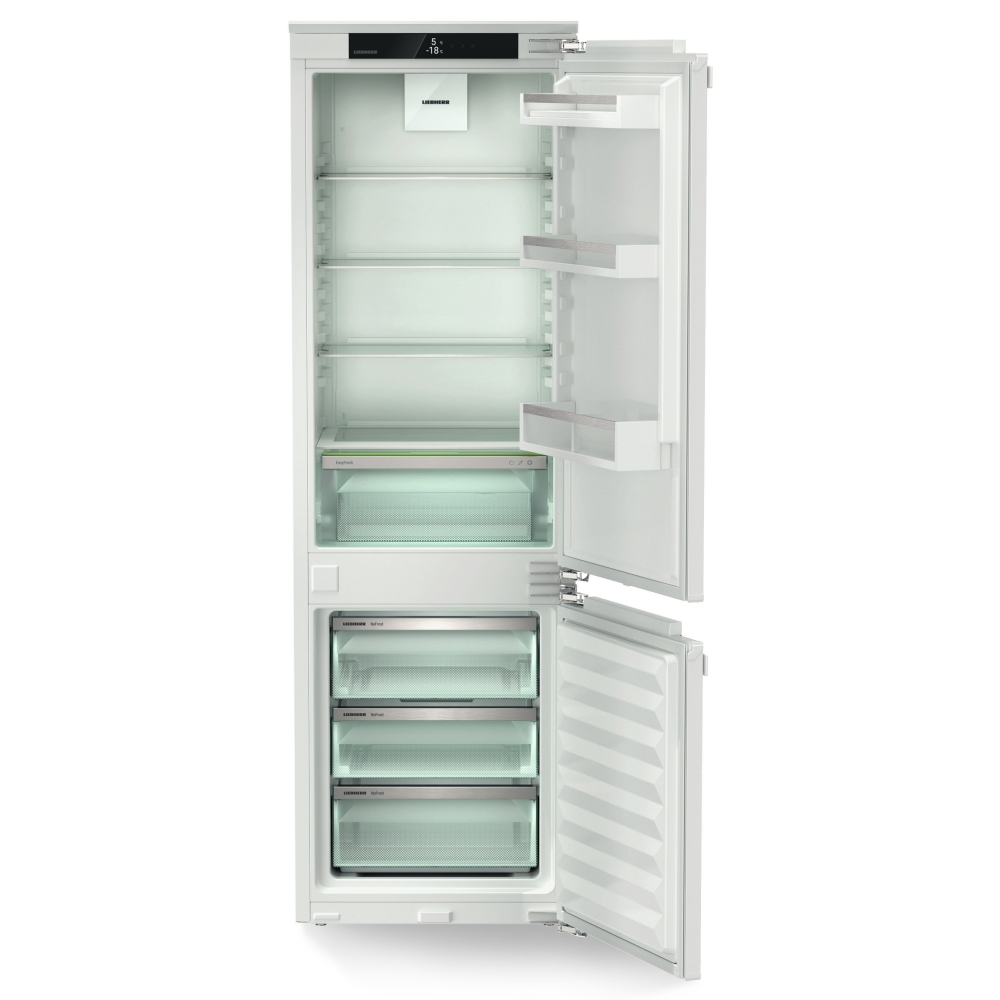 White Liebherr refrigerator with a sleek design, featuring a digital control panel, multiple glass shelves, and transparent drawers for fresh and frozen storage.