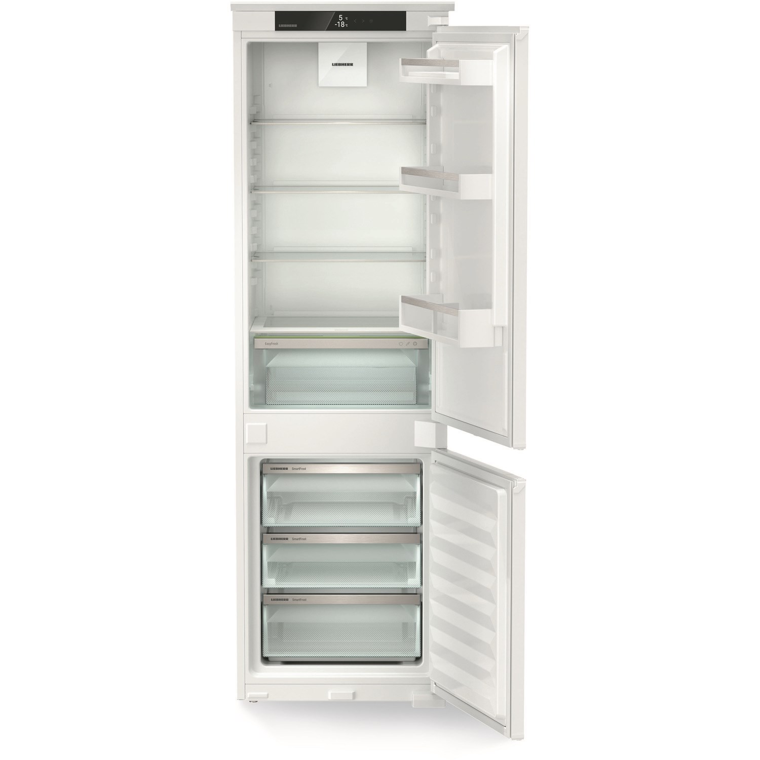 Integrated Liebherr ICSE5103 fridge freezer in white, 177cm high, featuring glass shelves, transparent drawers, and a sleek design with a digital control panel.