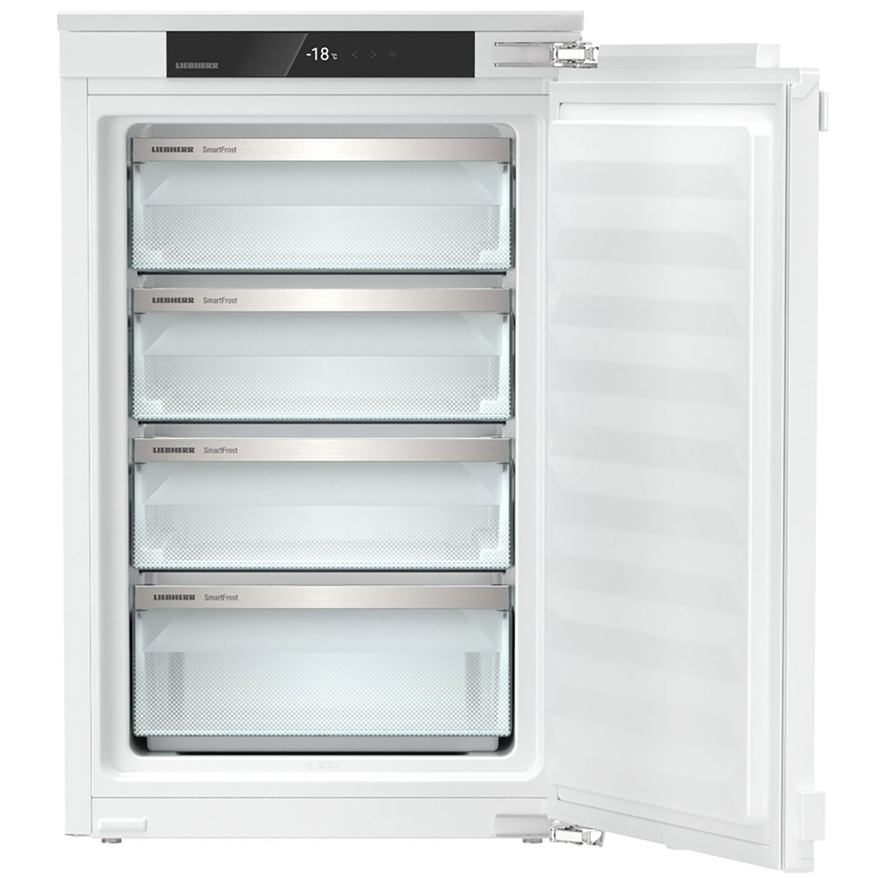 Fully integrated Liebherr Pure IFD3904 freezer in white, featuring four transparent drawers with Smart Frost technology and a sleek digital control panel at the top.
