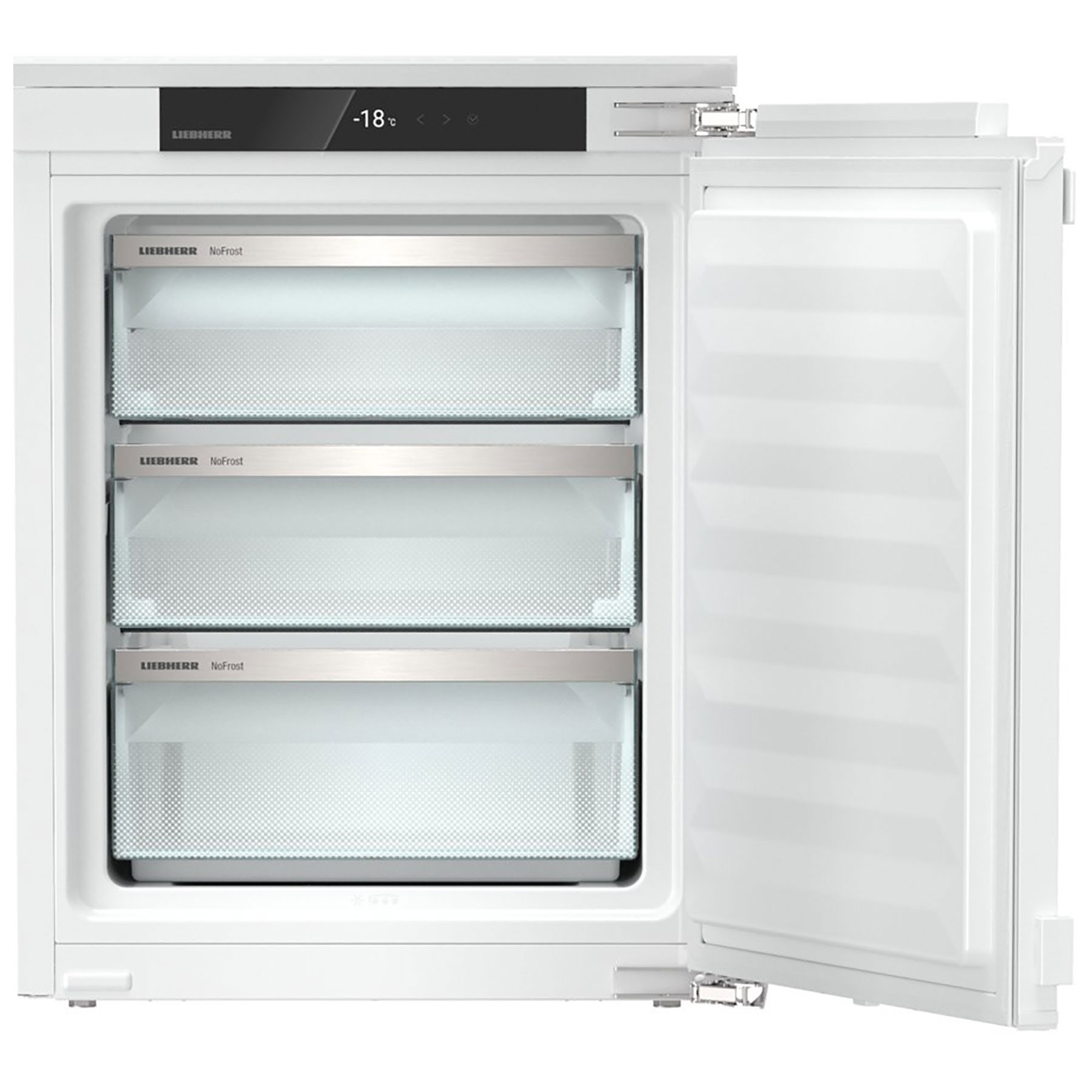 Liebherr Pure IFND3503 No Frost Fully Integrated Freezer in white, featuring a sleek design, three transparent drawers, and a digital temperature display set to -18°C.