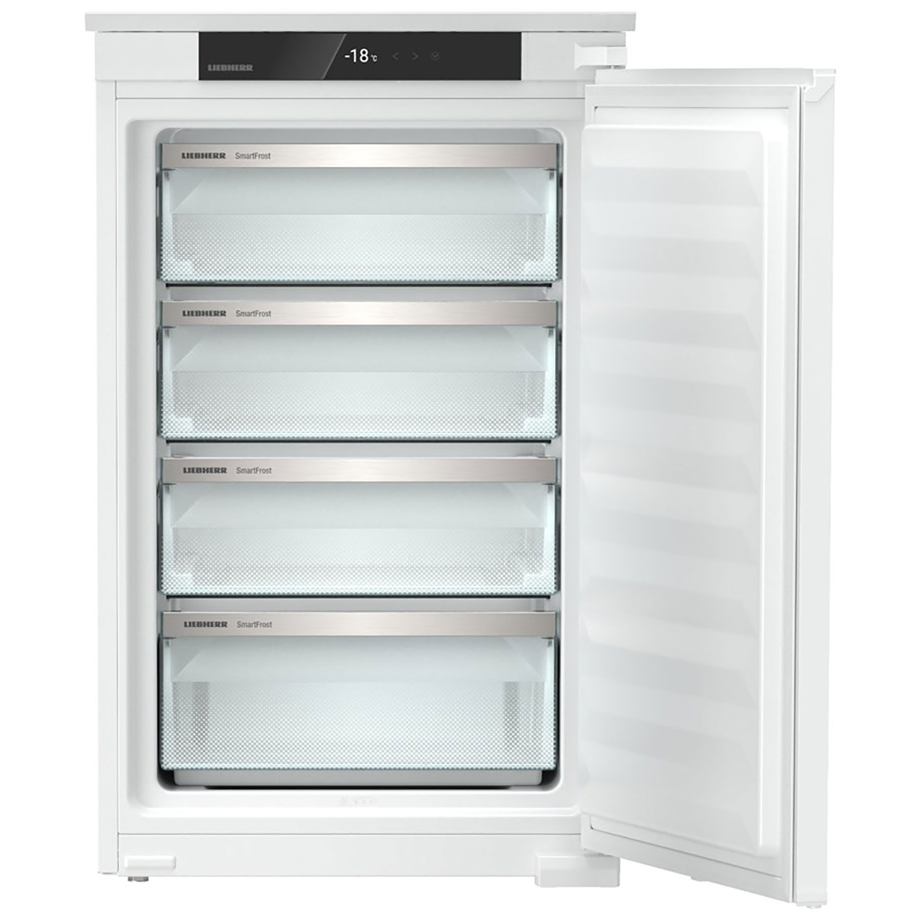 Fully integrated upright freezer in white with a sleek design, featuring four transparent drawers, frost-free technology, and a digital temperature display set to -18°C.