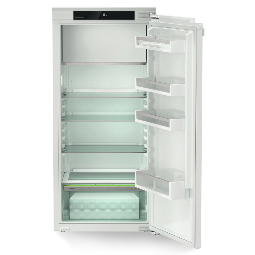 Liebherr IRE4101 refrigerator with a white exterior, featuring a 4-star freezer compartment, EasyFresh drawer, and multiple glass shelves for organized storage.