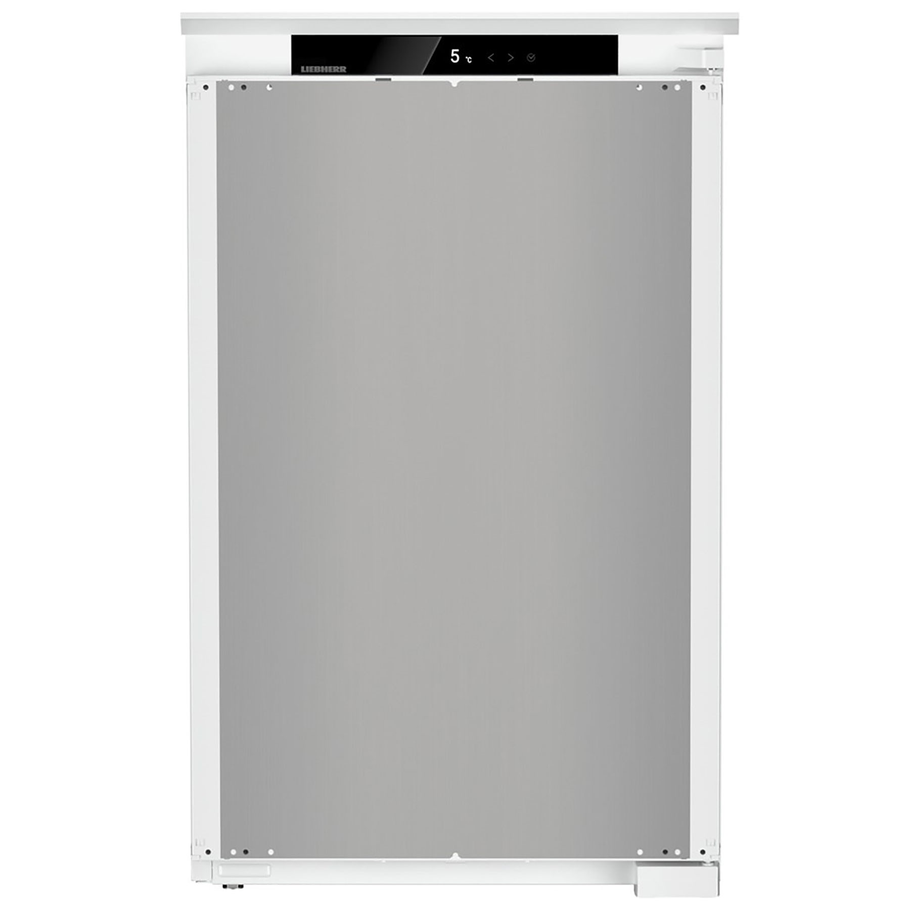 Fully integrated Liebherr Pure IRSE3901 fridge with a sleek stainless steel front, digital control panel at the top, and a minimalist design for seamless kitchen integration.