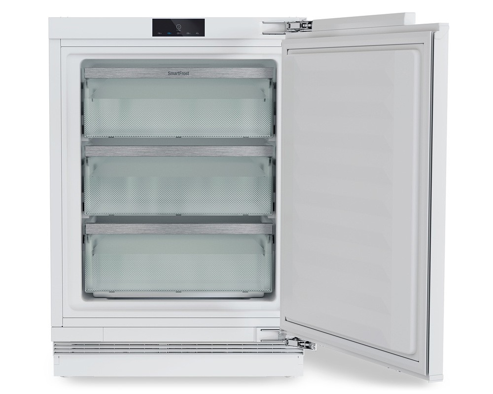 White under-counter upright freezer with a fully integrated design, featuring three transparent drawers, mesh fronts, and a digital control panel at the top.