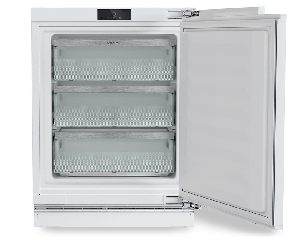 White under-counter freezer with a fully integrated design, featuring three transparent drawers and a sleek, modern exterior with a digital control panel.
