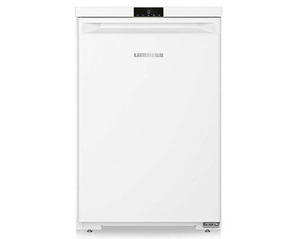 White freestanding upright freezer with a sleek design, featuring a digital control panel at the top and Liebherr branding on the front, measuring 55cm and offering 92L of frost-free storage.