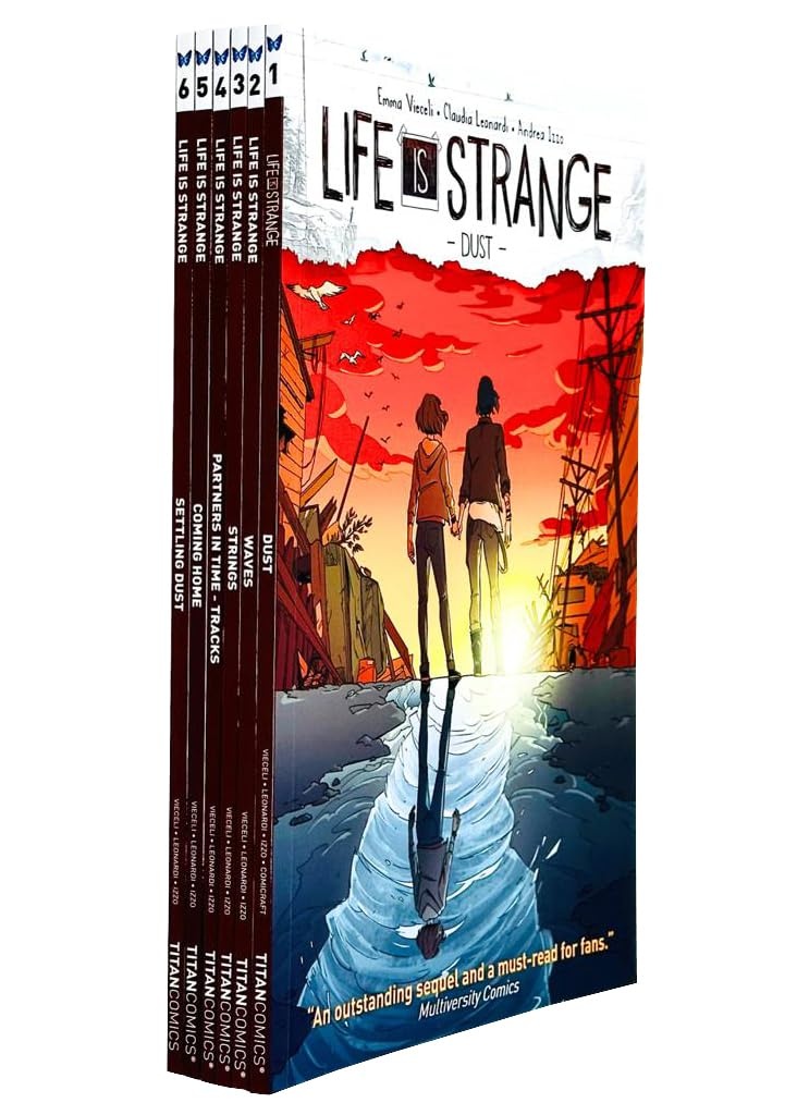 Collection of six graphic novels titled "Life Is Strange" by Emma Vieceli, featuring colorful covers with illustrations of characters against vibrant sunset backgrounds.