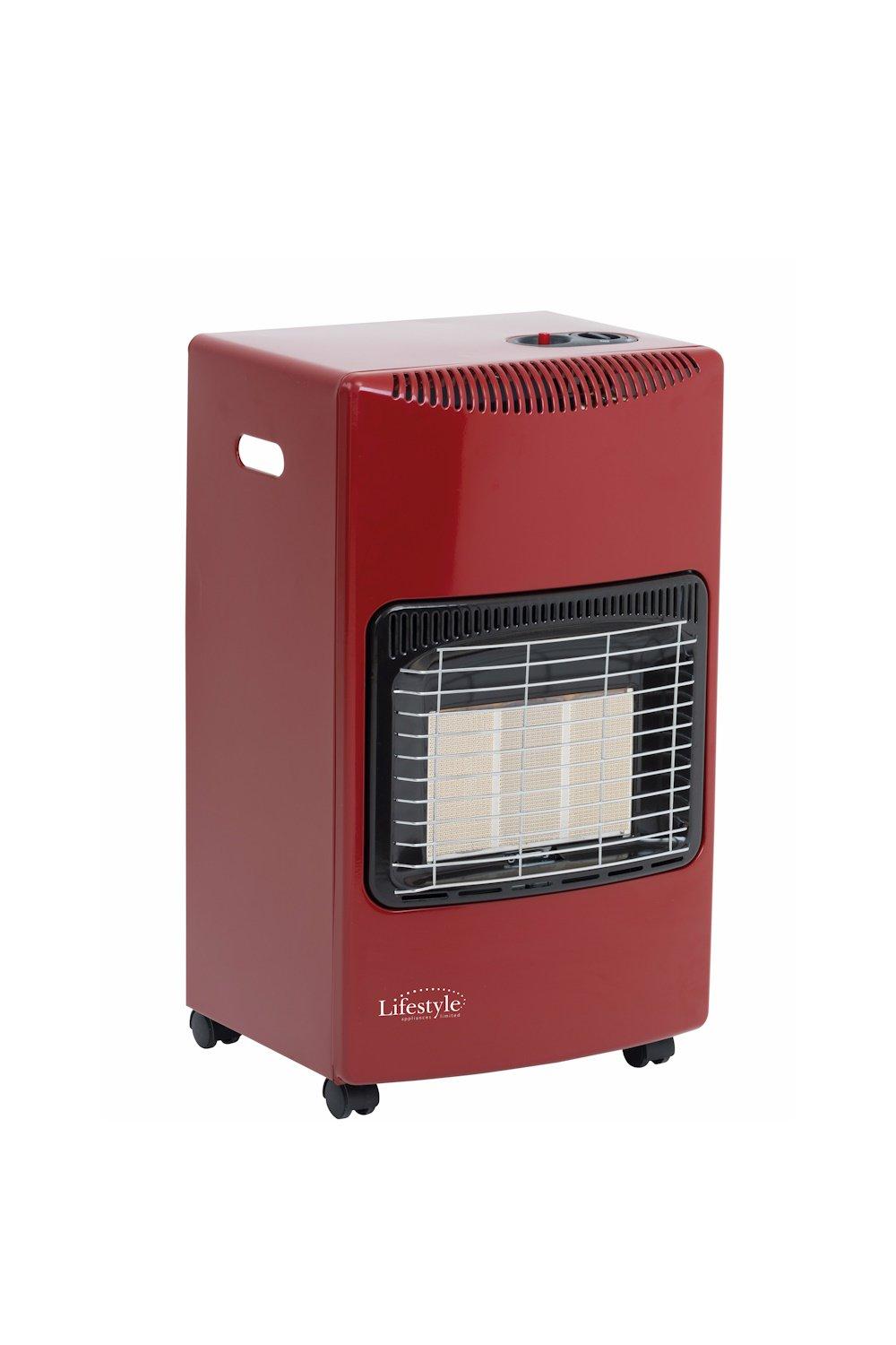 Ruby red indoor cabinet heater with a sleek design, metal casing, front mesh grill, adjustable controls on top, and rolling wheels for easy mobility.