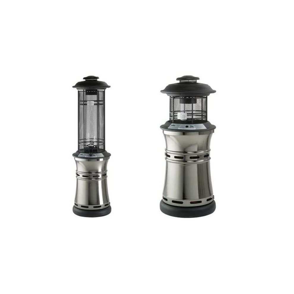 Silver gas flame patio heater with a sleek cylindrical design, featuring a glass panel for flame visibility, a black top, and a sturdy base for outdoor use.