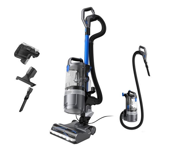 Graphite blue corded upright vacuum with a transparent dust container, flexible hose, and multiple attachments for pet hair removal.