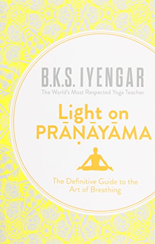 A yellow and white book cover featuring the title "Light on Pranayama" in bold orange text, with "B.K.S. Iyengar" and a silhouette of a meditating figure.