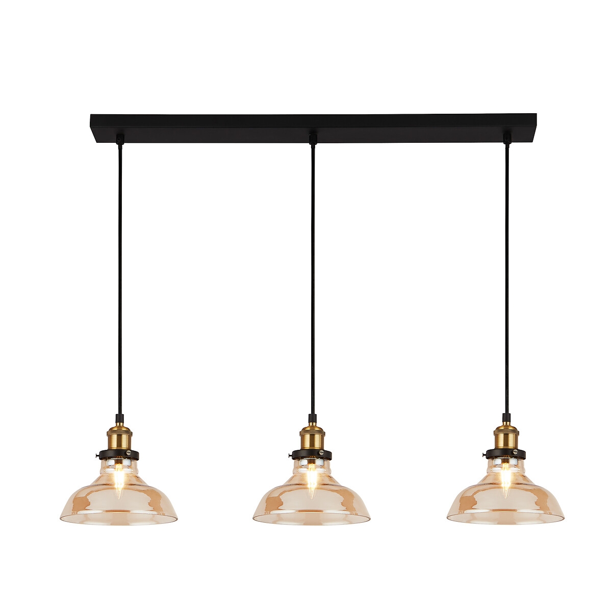 Three pendant lights with amber glass shades and brass accents, suspended from a black rectangular ceiling mount, creating a stylish industrial look.