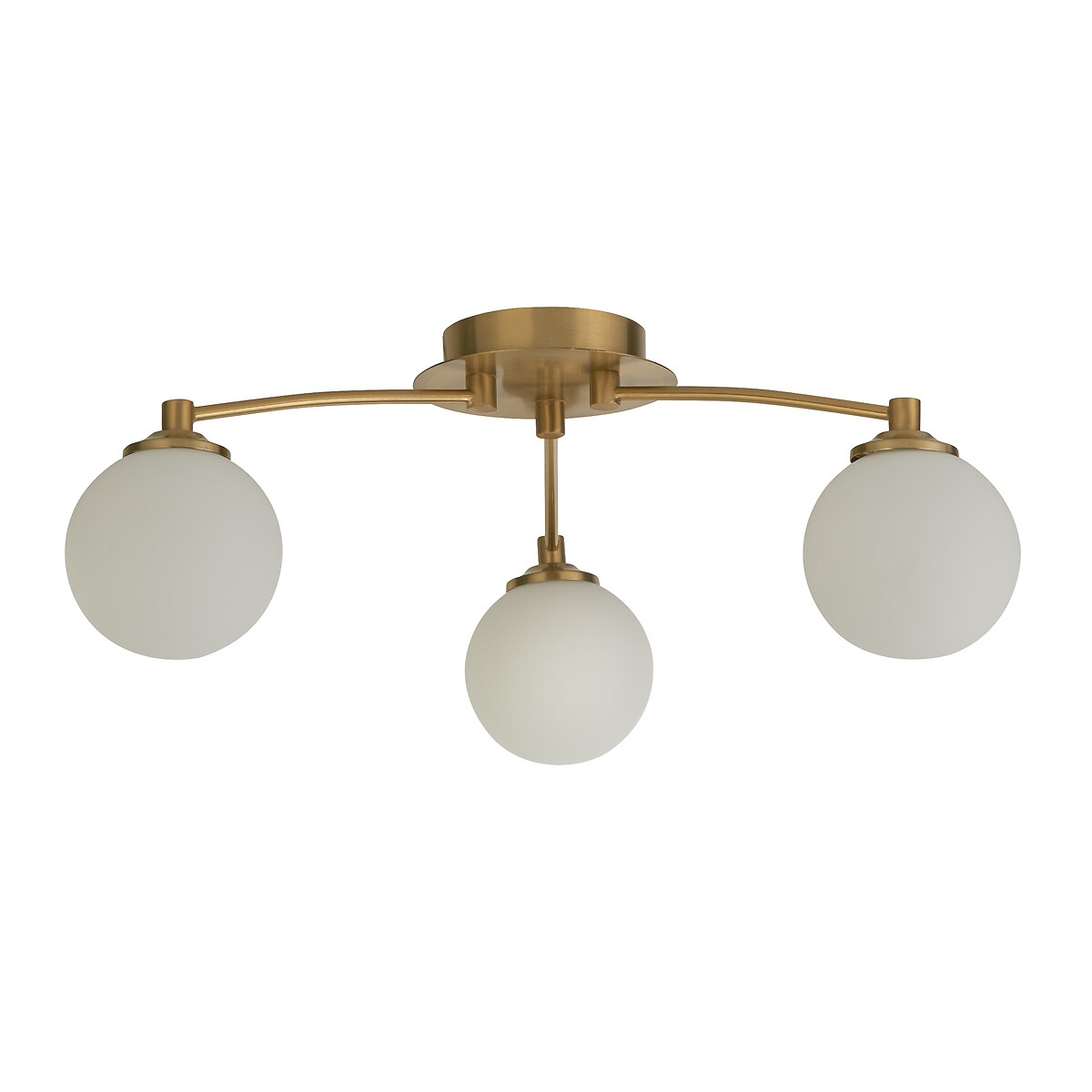 Three frosted opal glass globes suspended from a sleek brass fixture, featuring a modern design with a brown ceiling mount.