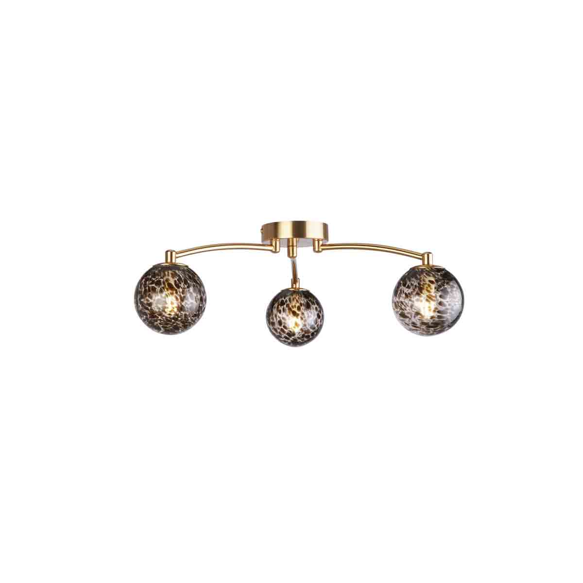 Three spherical tortoise glass shades with a textured pattern, mounted on a sleek gold metal frame, creating an elegant flush ceiling light design.