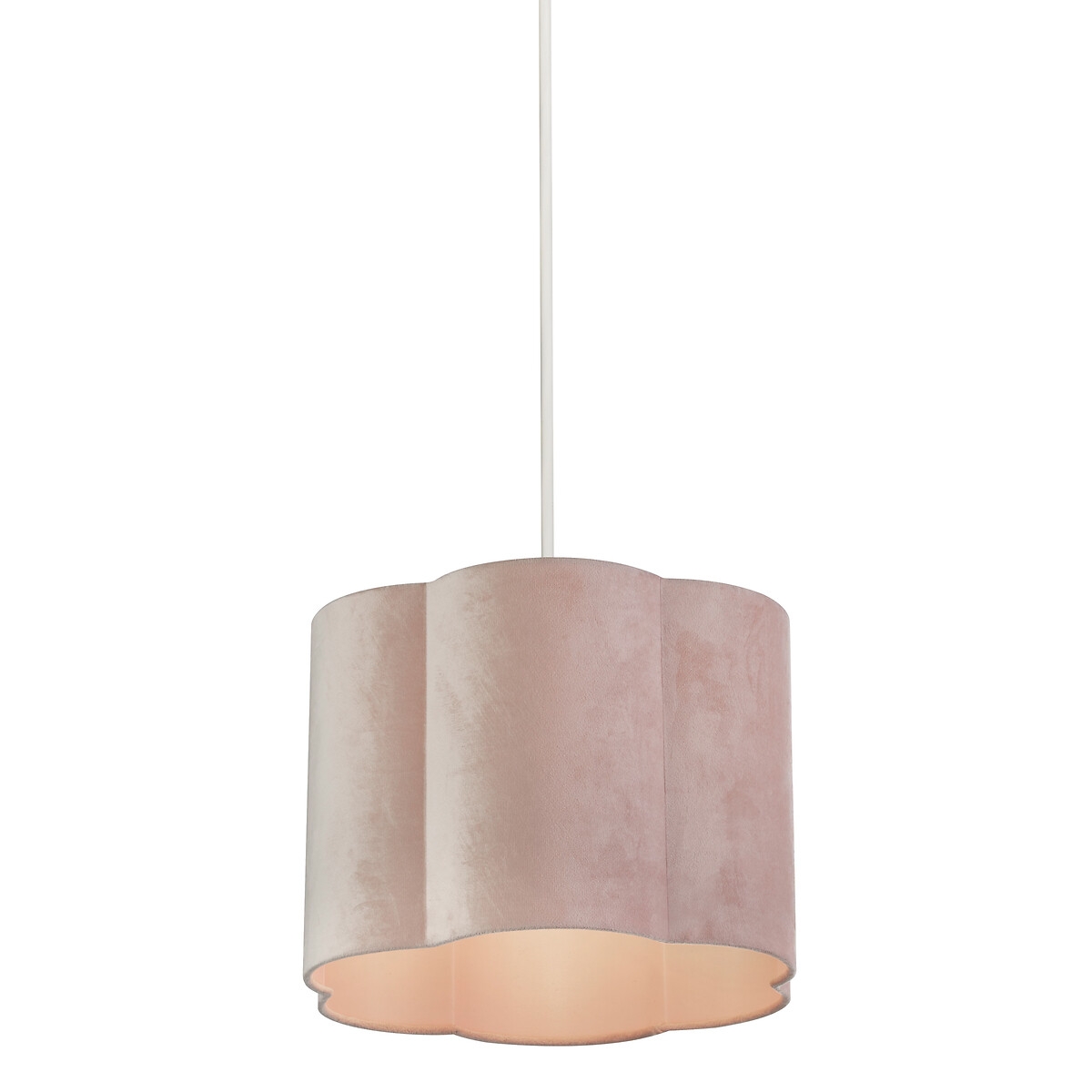 Blush pink scallop shade pendant light made of soft velvet, featuring a scalloped edge and a warm interior glow, suspended from a white cord.
