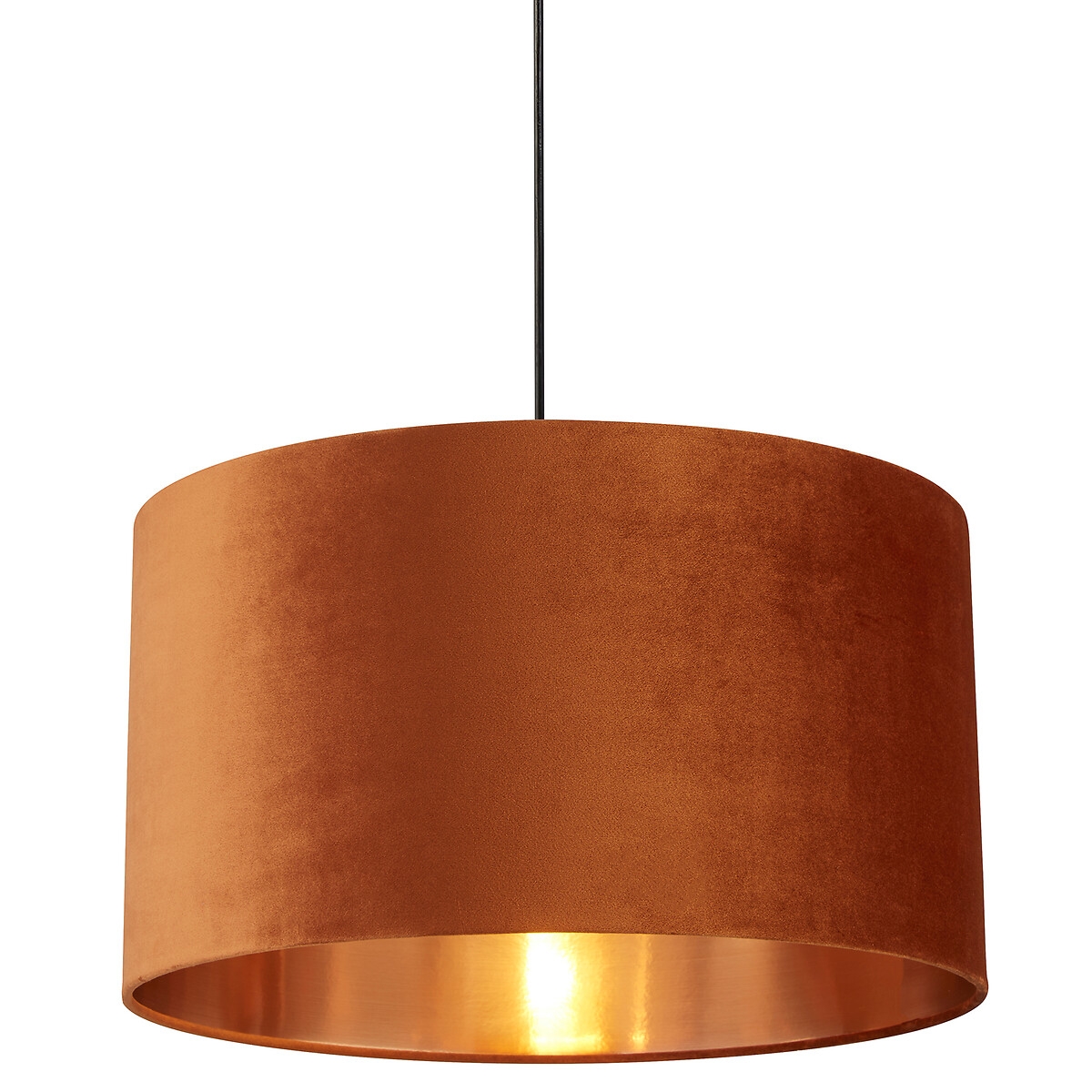 Burnt orange velvet drum shade with a copper inner lining, measuring 50 cm in diameter, suspended by a black cord.