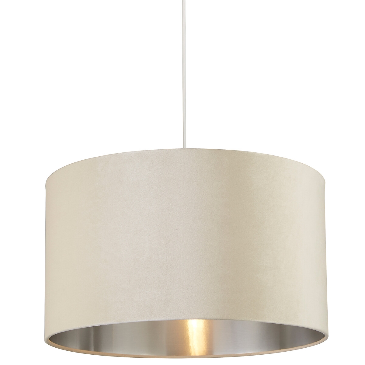 Cream velvet drum shade with a silver inner lining, measuring 50 cm in diameter, features a smooth, elegant texture and a modern design, ideal for stylish lighting.